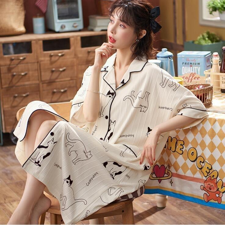 現金特価 パジャマ ネグリジェ レディース 春夏新作 半袖ワンピース パジャマ 猫柄 前開きルームウェア 大きいサイズネグリジェ ロング丈ワンピース 部屋着 大人可愛い 最も優遇 Www Aqtsolutions Com