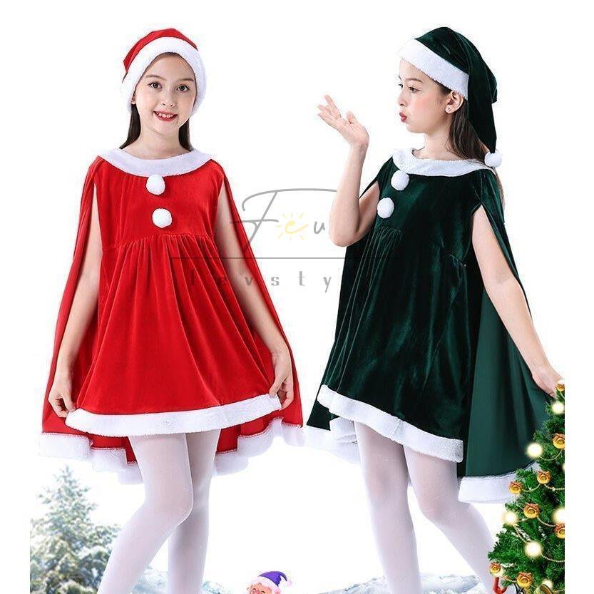 クリスマスコスチューム キッズコスチューム 女の子 袖なしワンピース サンタクロース 衣装 赤 帽子付き 舞台劇 団体服 ダンス衣装 赤 緑