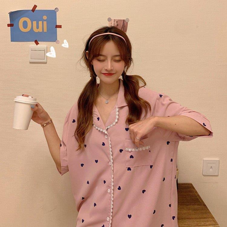 パジャマ レディース 夏 2点セット 上下セット 可愛い ハート柄 部屋着 レディース ルームウエア 半袖パジャマ 寝巻き 上品 ゆったり 綿パジャマ 2色 適当な価格