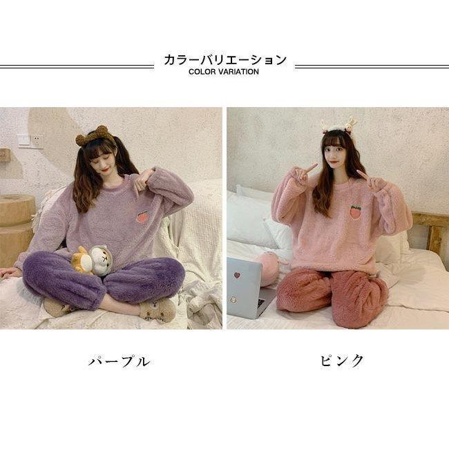 超爆安 ピンク 部屋着 サンゴフリース パジャマ レディース 上下セット ルームウェア 上下２点セット 可愛い モモ柄 ナイトウェア 冬 寝巻き 上下セット カラー パープル Www Mrsjudyaraujo Com