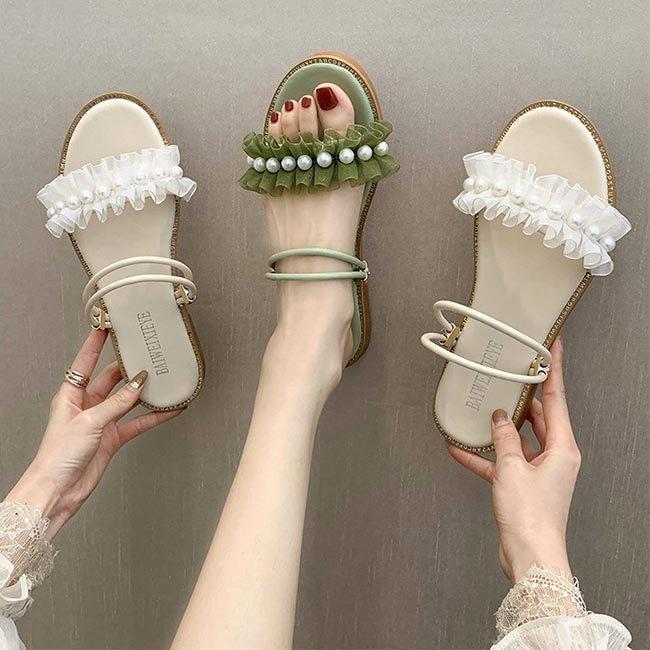 サンダル 夏 レディース サマーサンダル パール 夏サンダル ぺったんこ 姫系 チュールフリル サマーシューズ 婦人靴 夏 森ガール レトロ 靴 Tx2 Fevstyle 通販 Yahoo ショッピング