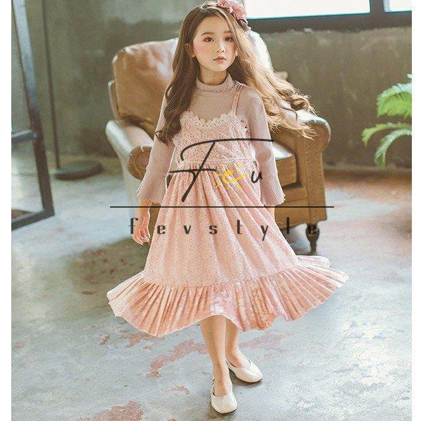 韓国子供服 ワンピース シンプル キャミワンピ 子ども服 春夏 キャミワンピ 女の子 キッズ用 ジュニア キャミワンピ Tz W 2点セット ワンピース 子ども服 ロングワンピース レースワンピース Fevstyle