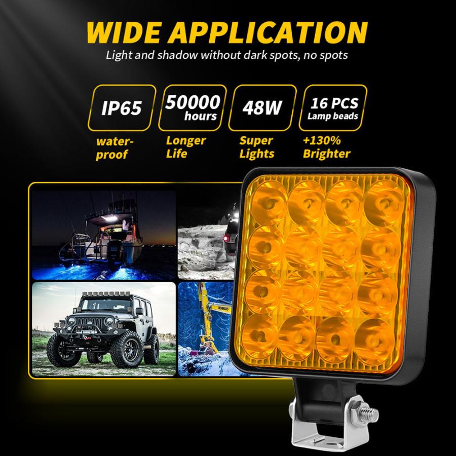 送料無料● 48W 作業灯 LED ワークライト カラー:イエロー 12V トラック UTV ATV トレーラー ボート 4X4 建築機械 道路照明 工事現場 4個｜ff-carshop｜02