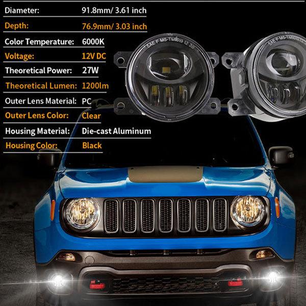 For Jeep Renegade レネゲート 2015~2020年式 LED フォグランプ フォグライト ホワイト 27W 高輝度 2400LM ブラック｜ff-carshop｜07