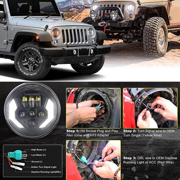 Jeep LED ヘッドライト JK JKU TJ LJ スズキ ジムニー ハマー H2 HI.Low.DRL.ウインカー 7インチ ホワイト かっこいい!! 12V 2個｜ff-carshop｜05