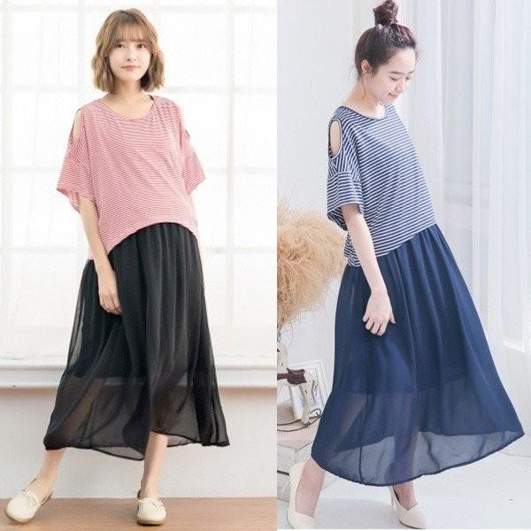 授乳口付き 肩露出 シフォンワンピース 半袖 マキシ丈 ボーダー柄 夏ワンピ 妊婦 授乳服 マタニティ 産前産後ウェア 夏服 ルームウェア 部屋着 ママ Unipymes Com