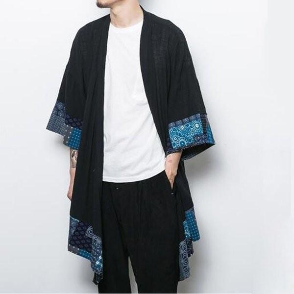 メンズ ロング袖 長袖 薄手 和装 刺繍 甚平 カーディガン 着物 コート 衣装 浴衣 和服 カジュアル 夏