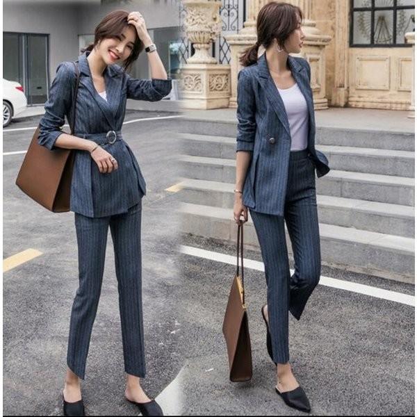 レディースパンツスーツセット ストライプ カジュアル ウエストゴム ショッピング ビジネス 入学式 卒業式 細身 代30代 Ol 40代 通勤 大きいサイズ