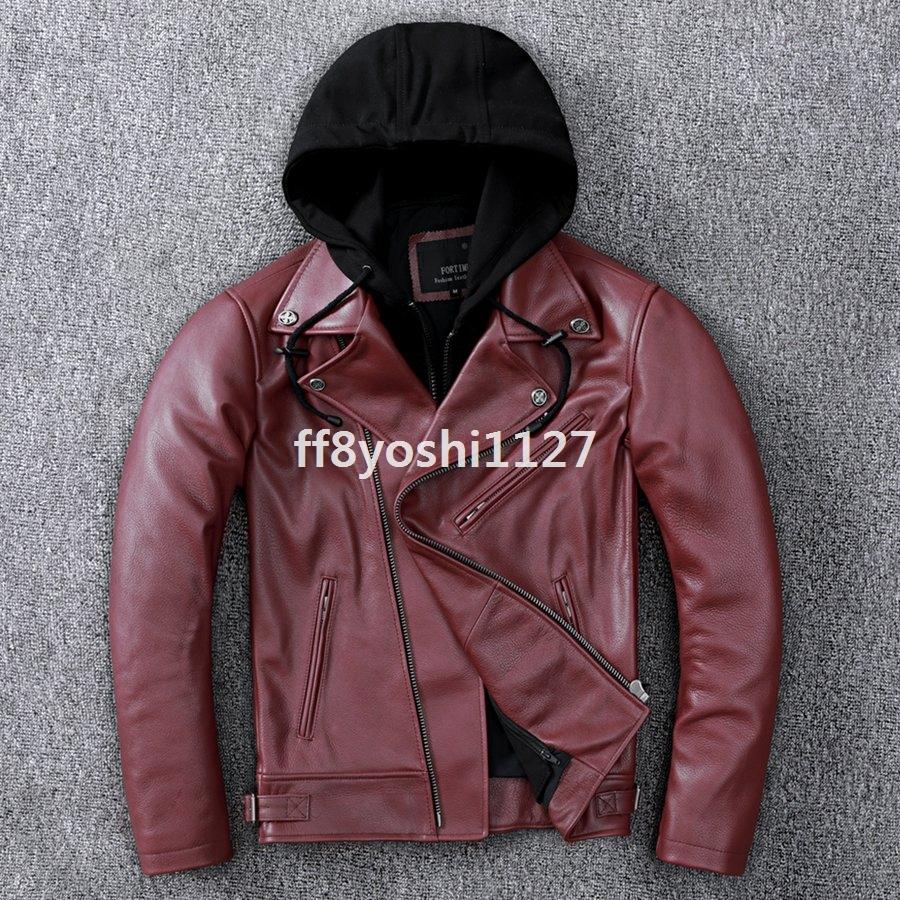 手数料安い 革ジャンレザージャケットメンズ本革バイクライダース牛革ダブルショートスリムタイプ細身フード付きブランドジャケットミリタリー 新版 Lespakigali Com