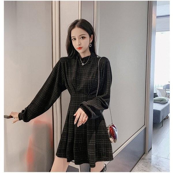 フレアワンピース チュニック レディース ミニワンピース グレンチェック黒ワンピース チェックワンピ チュニックワンピ ブラック エレガント 着痩せ 長袖 Xl P Sakvw360 ベーカリー 通販 Yahoo ショッピング