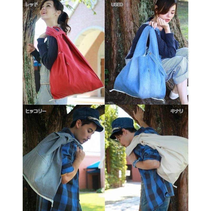 デニム地／大判バッグ／サケット／袋／トート／デニム雑貨／ジーンズ素材／カジュアルバッグ　レジバッグ　USED　レッド　キナリ　ヒッコリー |  | 01