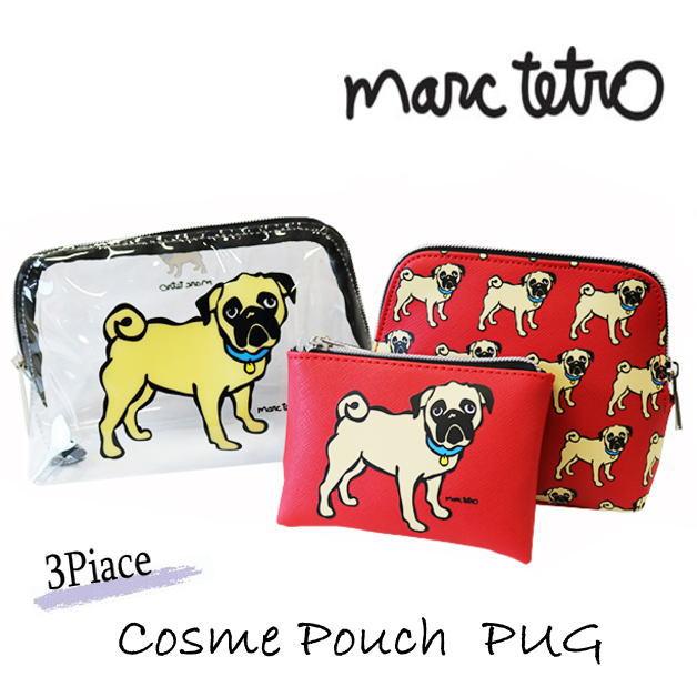 マークテトロ　3ピースコスメティックポーチセット　PUG　パグ　コスメバッグ　3セット　コスメ雑貨　赤　レッド　MT-3PCS-PUG　marc tetro | 