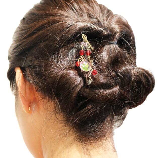 アンティーク風かんざし／押し花／こでまり／髪留め　簪　ヘアアクセサリー　ヘアアレンジ　和柄　花　チャーム付　ピンク　ブルー　グリーン　イエロー　四つ葉 |  | 06
