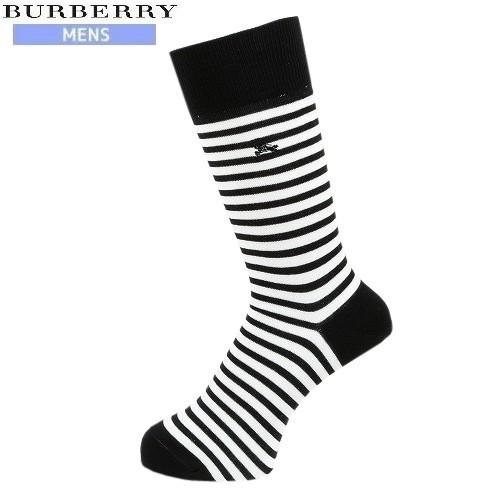 新古品 BURBERRY バーバリー 日本製 ホースマーク刺繍 ボーダーカジュアルソックス 靴下  白×黒 16/2/2 090216 送料無料｜fflower11
