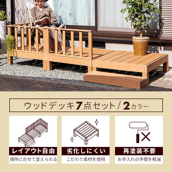ウッドデッキ 7点セット デッキ 縁台 フェンス ステップ セット 人工木 ガーデン 庭 縁側 屋外 ベランダ DIYの画像
