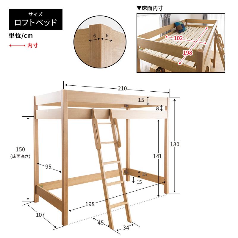 MINT 天然木無垢システム家具5点セット ロフトベッド デスク幅95
