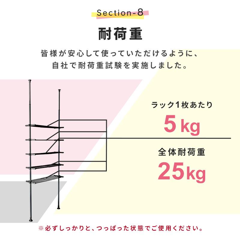 突っ張り5段ラック ラック 収納家具 支柱高さ伸縮 ヨコ幅伸縮 ラック高さ無段階調整 キッチン収納 リビング収納