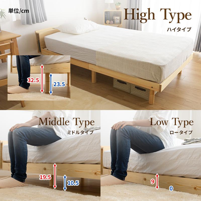 ベッド すのこベッド シングルベッド 2口コンセント付き 高さ3段階 