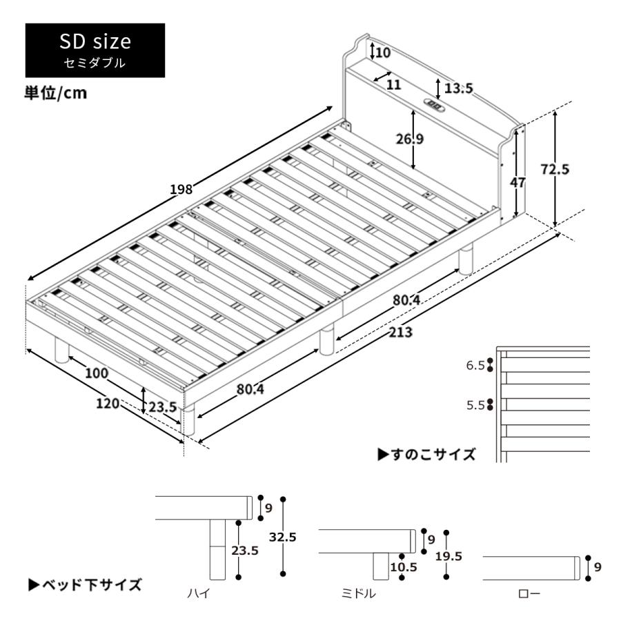 すのこベッド ベッド セミダブル 頑丈 すのこ ベッドフレーム 木製 パイン材 宮付き コンセント付 高さ調節 スノコベッド パイン材 白 ホワイト シンプル | MINT（家具、インテリア） | 17