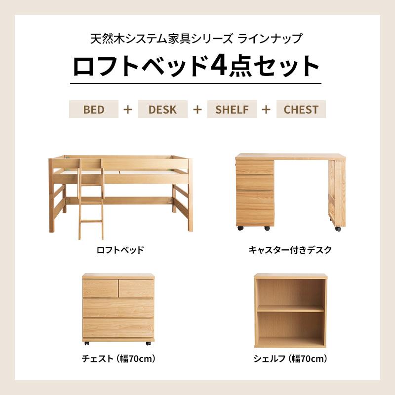 MINT 木製ミドルベッド4点セット デスク チェスト シェルフ 天然木