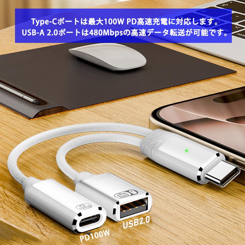 2in1 分岐ケーブル Type-C USB-A USB2.0 OTG対応 データ転送 480Mbps