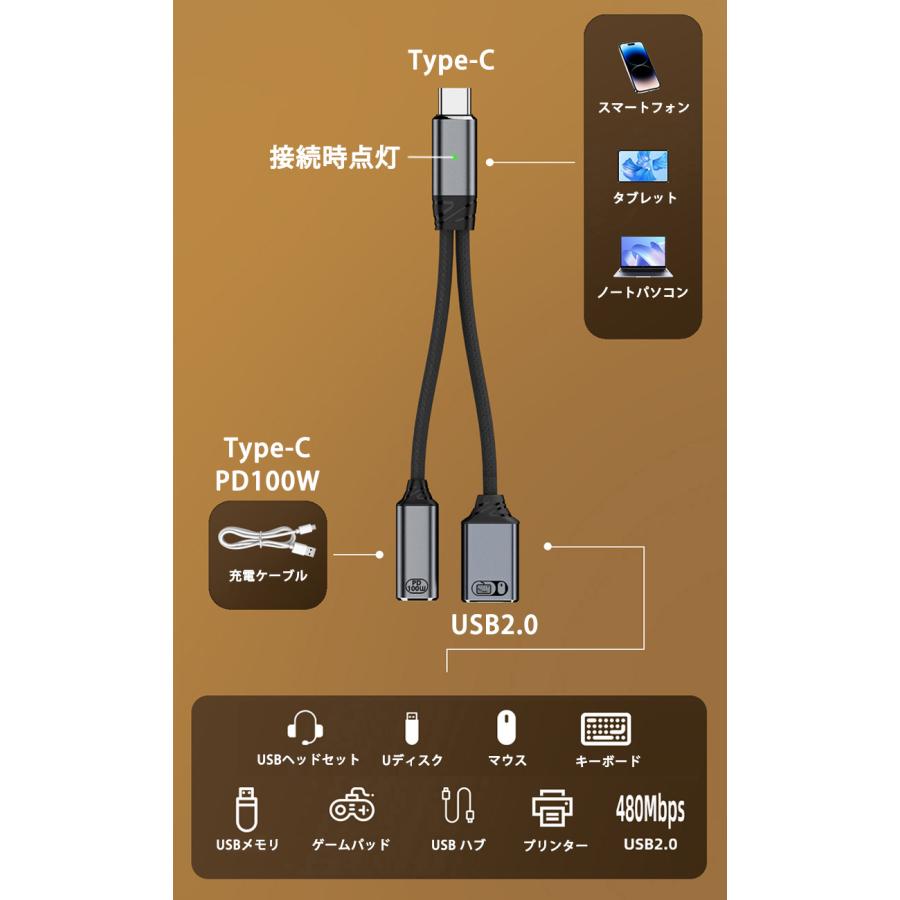 2in1 分岐ケーブル Type-C USB-A USB2.0 OTG対応 データ転送 480Mbps