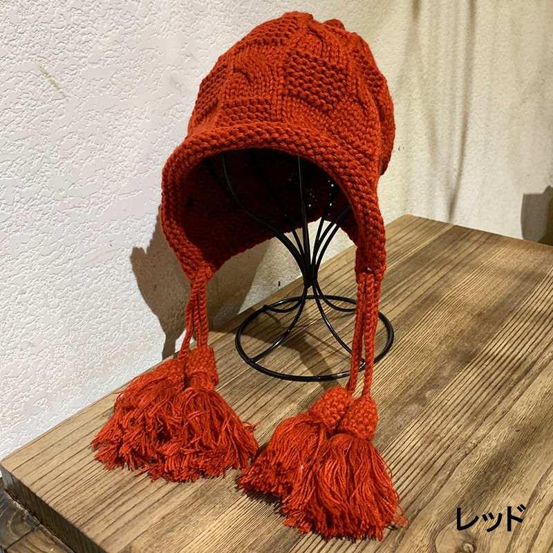 お取り寄せ商品 タッセル付き ニット帽 バラクラバ風 6色 フリーサイズ