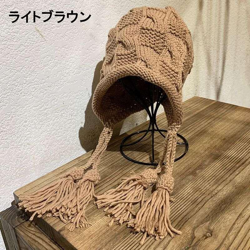 お取り寄せ商品 タッセル付き ニット帽 バラクラバ風 6色 フリーサイズ