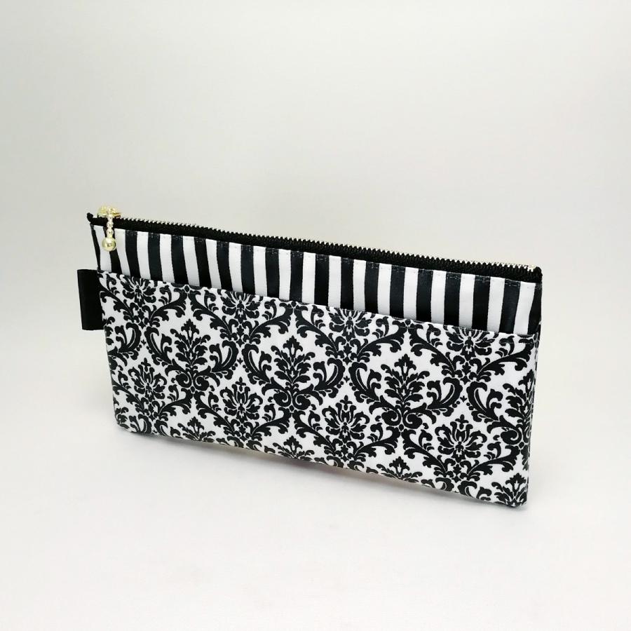 Roron ダマスク柄ポーチ ポーチ ダマスク柄ポケット付き 黒 ブラック 通帳ポーチ / マスク