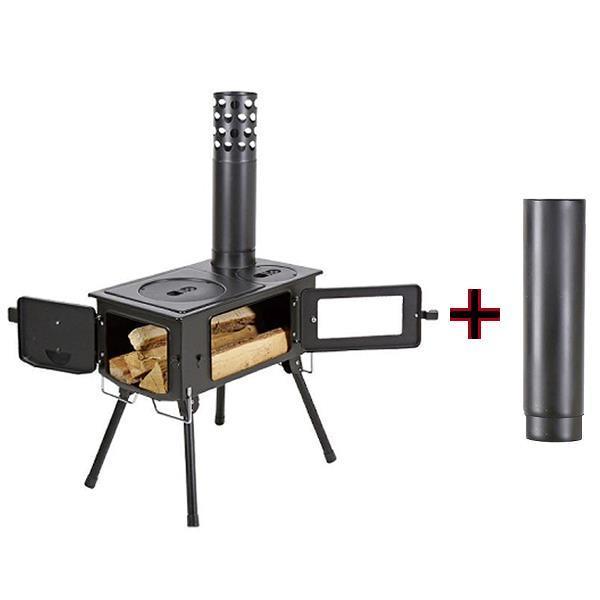 薪ストーブ ダッチオーブン バーベキュー SET10983036 UG-0075 UG-2032 KAMADO (かまど) 煙突 ガラス窓付 角型ストーブ (SET) (Q41CD)