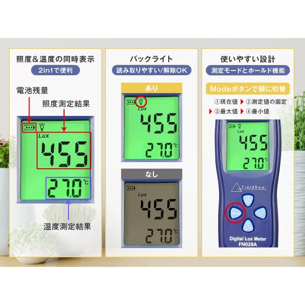 デジタル照度計 FieldNew ルクスメーター 200,000Lux 180度回転 
