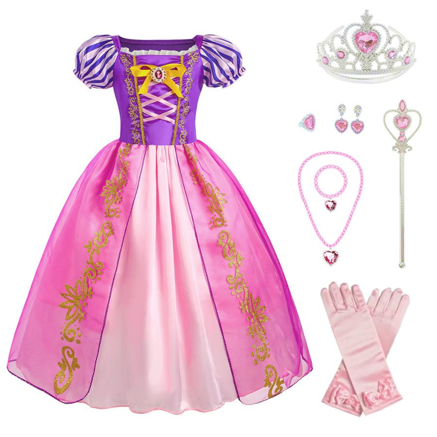 ラプンツェル ドレス 子供 コスプレ 衣装 豪華８点 セット ドレス 手袋 ティアラ ステッキ ネックレス イヤリング など 100 110 120 130 140 CREDIBLE（Yahoo!・CREDIBLE Yahoo!店）