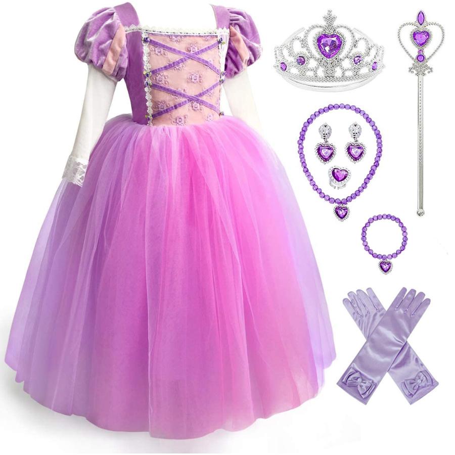 搭の上のラプンツェル 子供 ドレス コスチューム 豪華８点セット 手袋 ティアラ ステッキ ネックレス イヤリング 指輪 ブレスレット 110 1 130 140 150 クリスマスファッション
