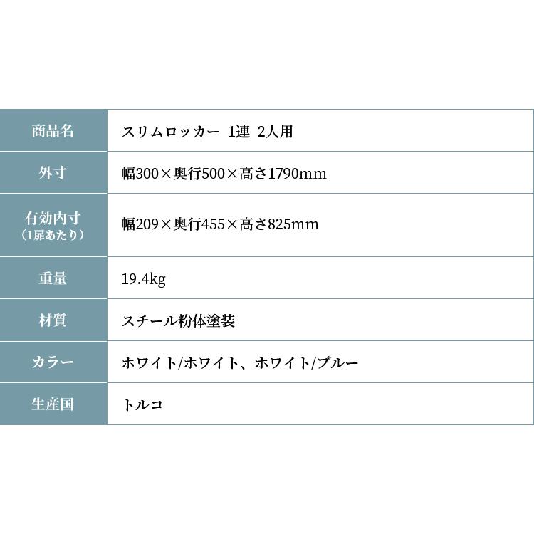 スリムロッカー 2人用 完成品 カラー オフィス スチール 更衣室 鍵付き 抗菌 幅30cm｜fifty-three-weeks｜09