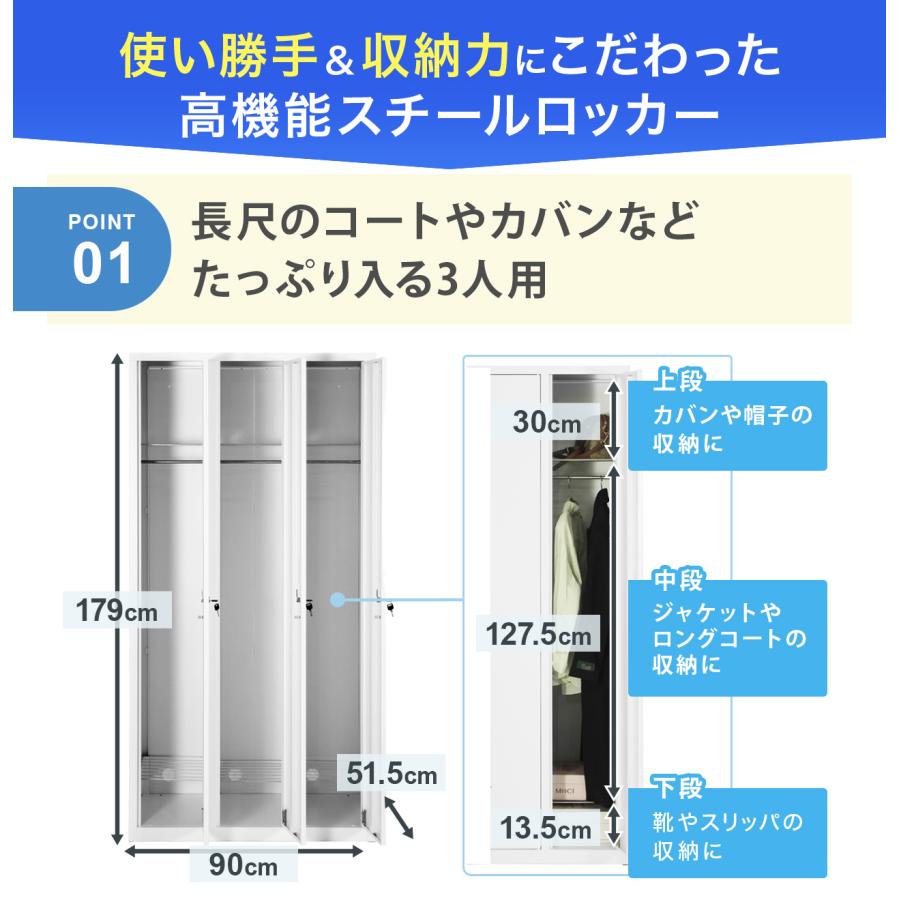 スチールロッカー 3人用 オフィス 更衣室 鍵付き 3列 ホワイト 白
