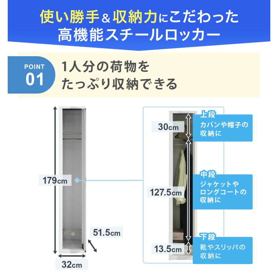 スチールロッカー 1人用 オフィス 更衣室 鍵付き ホワイト 白
