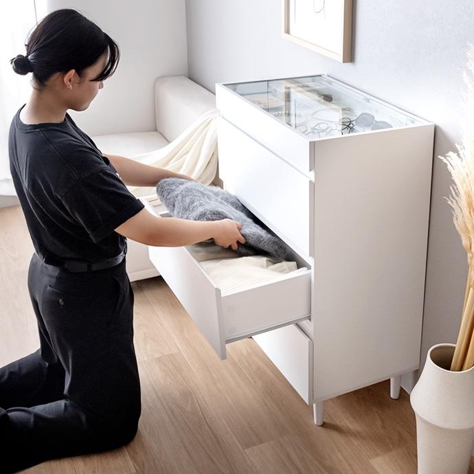 チェスト ショーケース付きチェスト 60cm ガラス天板 引き出し 収納