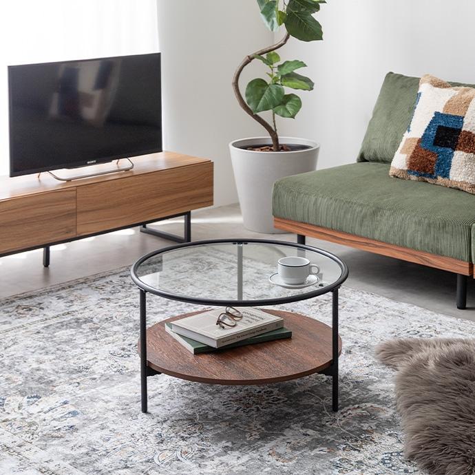 テーブル 幅60cm ガラス天板 センターテーブル 丸 棚付き 収納付き