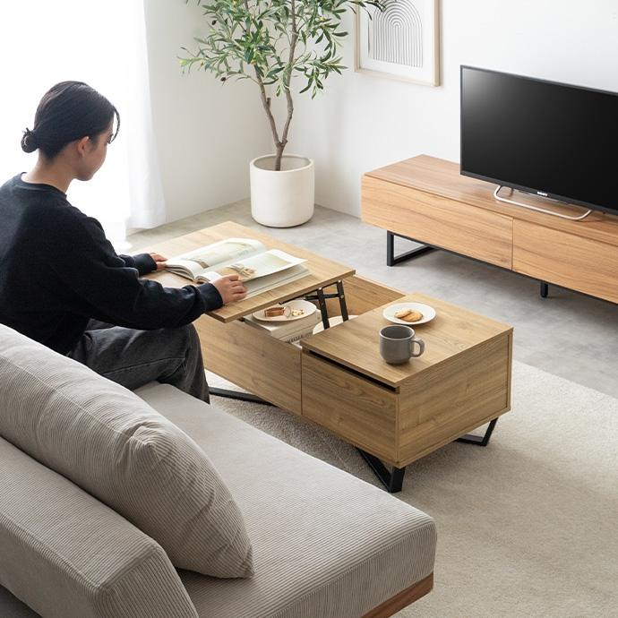 昇降式 センターテーブル 引き出し付き テーブル 幅90cm ストーン