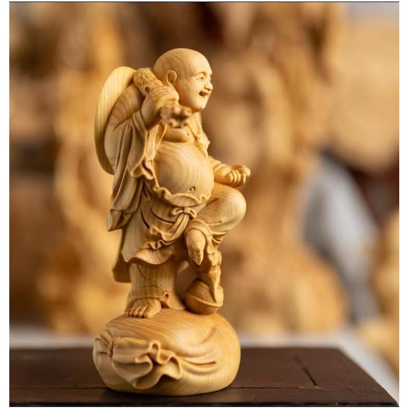 仏像 木彫り 布袋様の置物 高級天然ツゲ木彫り 布袋様の笑顔 木彫り