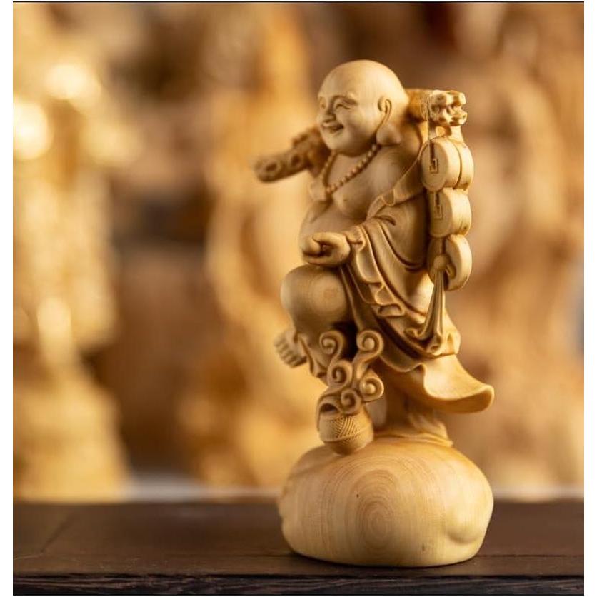 仏像 木彫り 布袋様の置物 高級天然ツゲ木彫り 布袋様の笑顔 木彫り