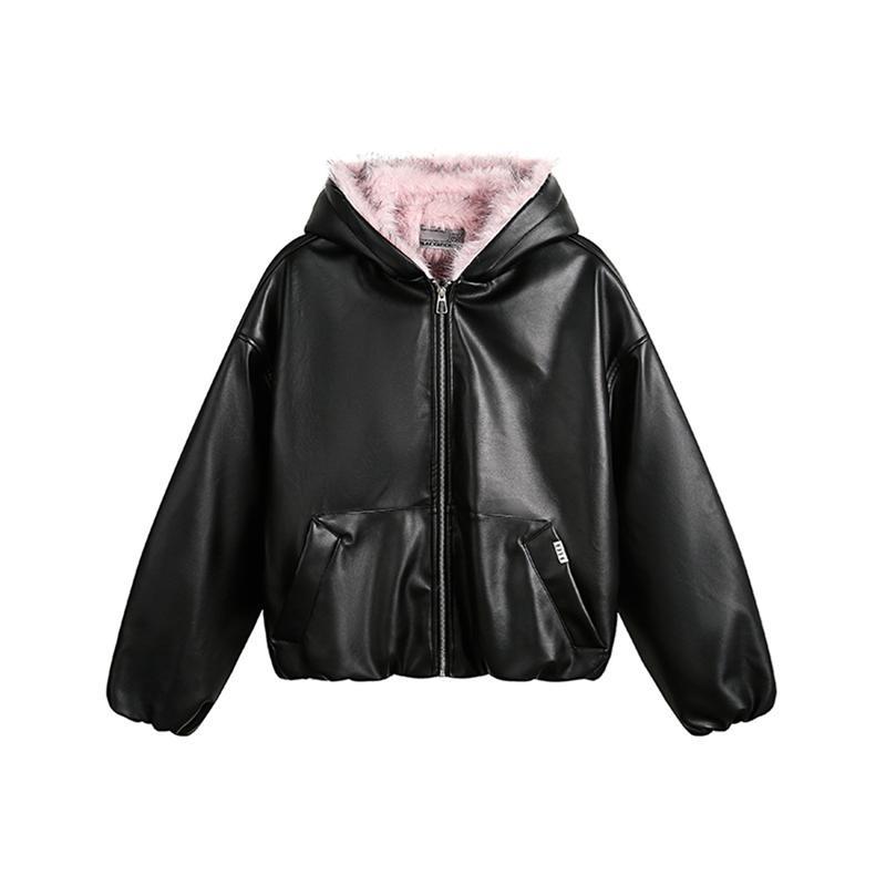 レザージャケット ファージャケット メンズ レディース ピンクブラック フード付き フェイクファー 秋冬服 ジッパー アウター ブルゾン_2