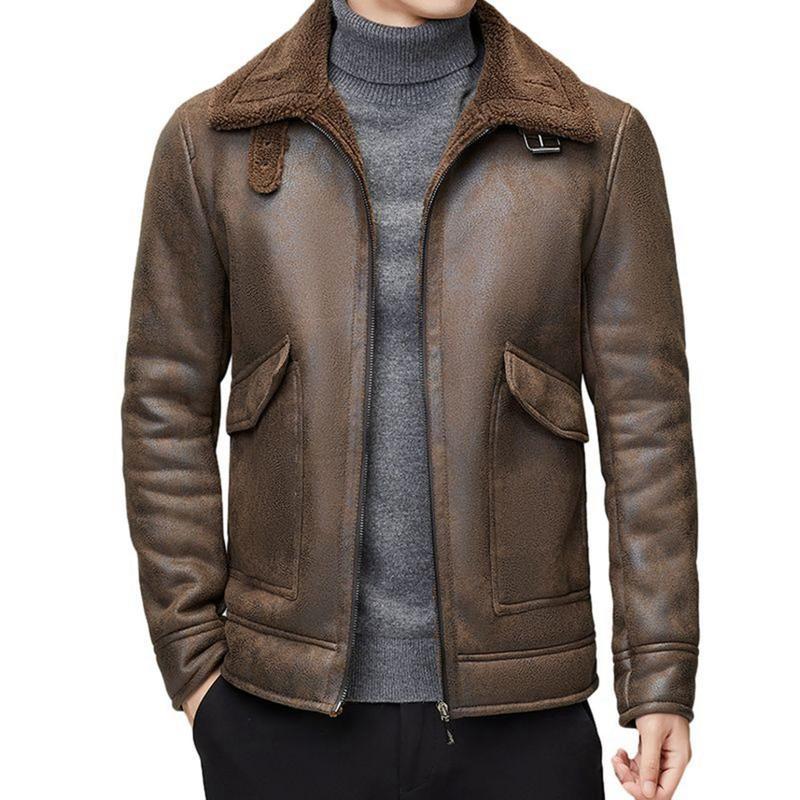 ボア付きブラウン革ジャン　古着　ラム革 ライダースジャケット メンズ ジップアップ ボア付き ビジネス ラム革