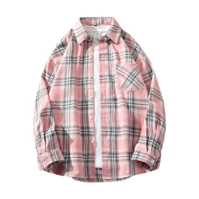 メンズ チェック 長袖 ネルシャツ ボタンダウン 秋服 開襟 ピンク