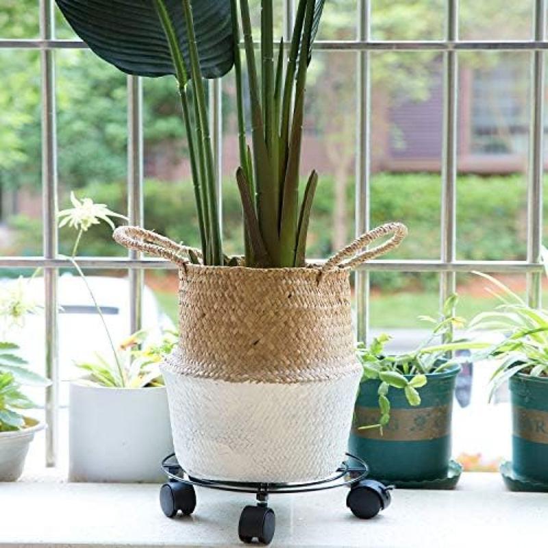 3パック 10.6インチ 金属製植物キャディ ロック可能なホイール付き ラウンドフラワーポット プランター 台車 ベーススタンドセット_3