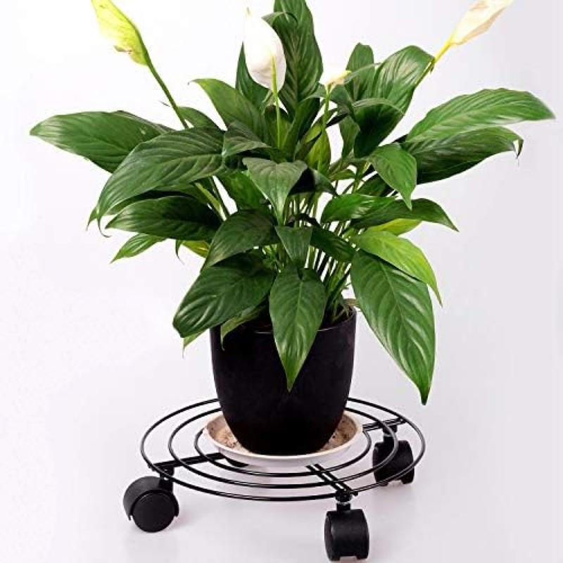 3パック 10.6インチ 金属製植物キャディ ロック可能なホイール付き ラウンドフラワーポット プランター 台車 ベーススタンドセット_5