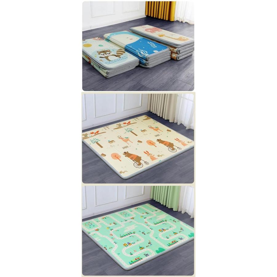 折り畳みカーペット プレイマット リバーシブル ベビーマット 1.6M*1.8M*1.5cm いしけり 身長測定 道路柄 アニマル 多機能の画像