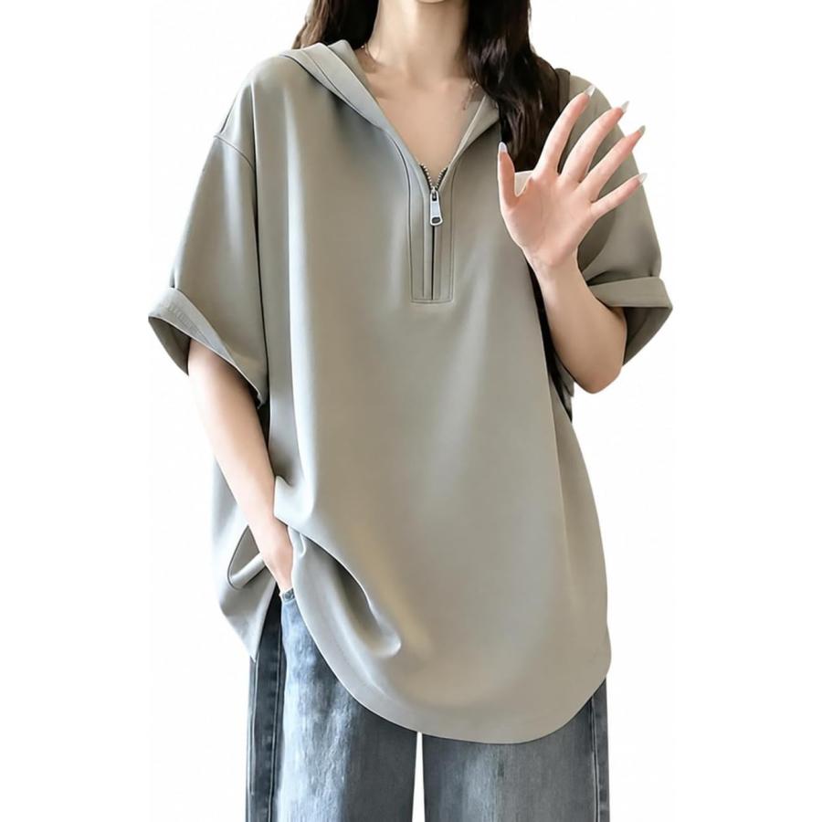 ハーフジップパーカー レディース 半袖 フード付き カットソー 夏 ゆったり ビッグシルエット カジュアル スウェット 薄手 トップス