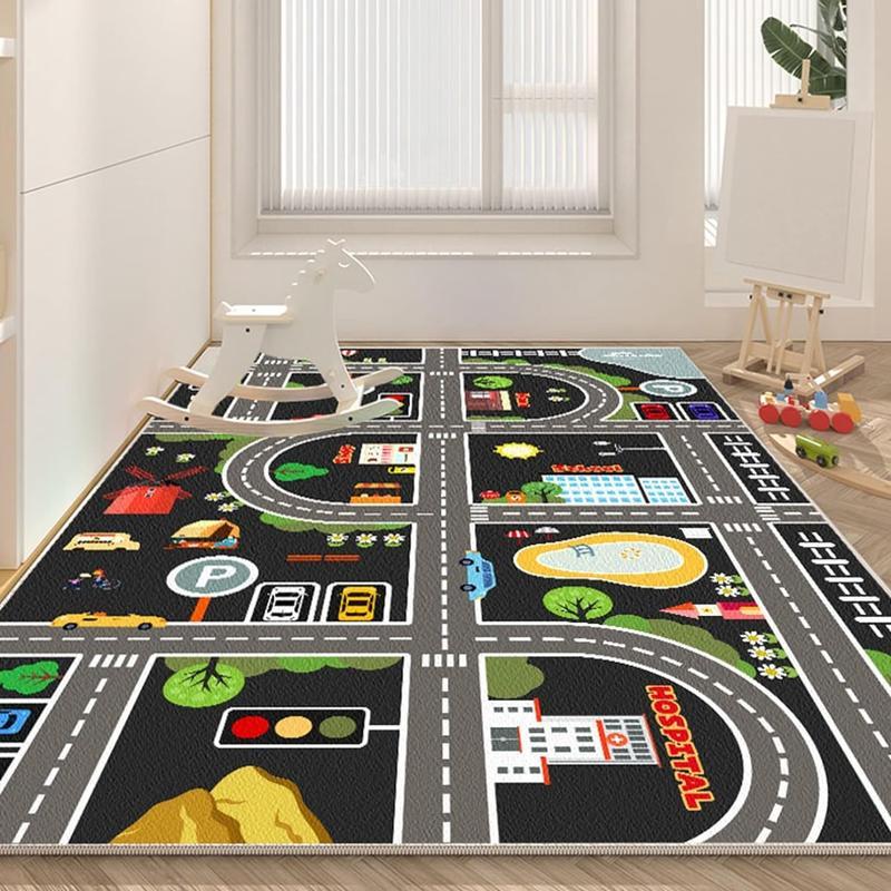 子供部屋マット プレイマット キッズラグ 道路柄 遊びマット 地図マップ デスクマット 洗濯機で洗える 長方形 軽量 100×150cmの画像