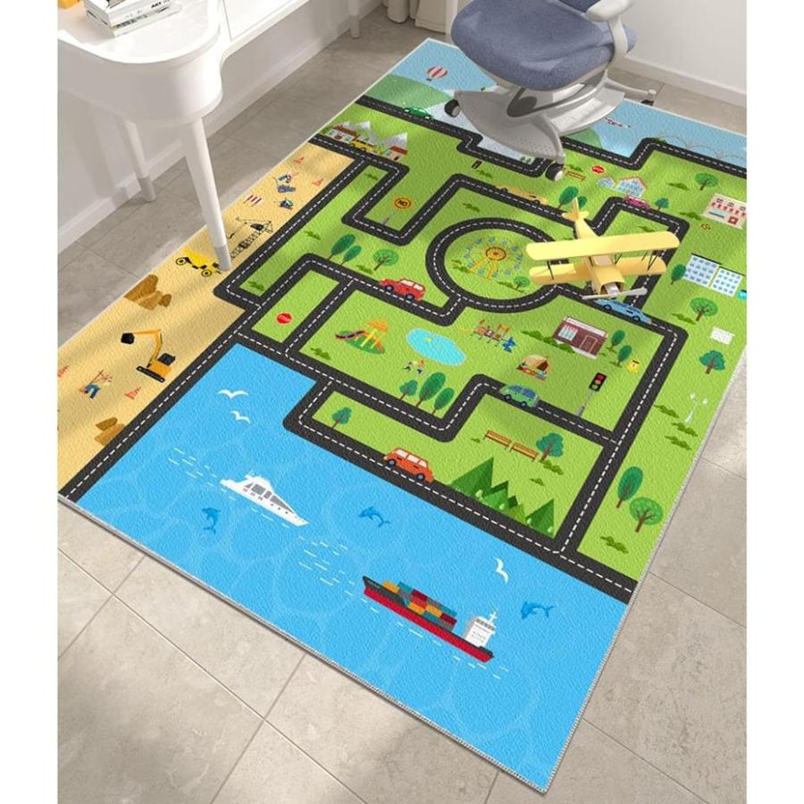 子供部屋マット プレイマット キッズラグ 道路柄 遊びマット 地図マップ デスクマット 洗濯機で洗える 長方形 軽量 100×150cmの画像